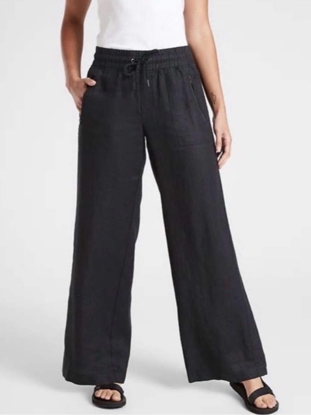 Athleta Cabo Wide-Leg Linen Pants in Black size 12